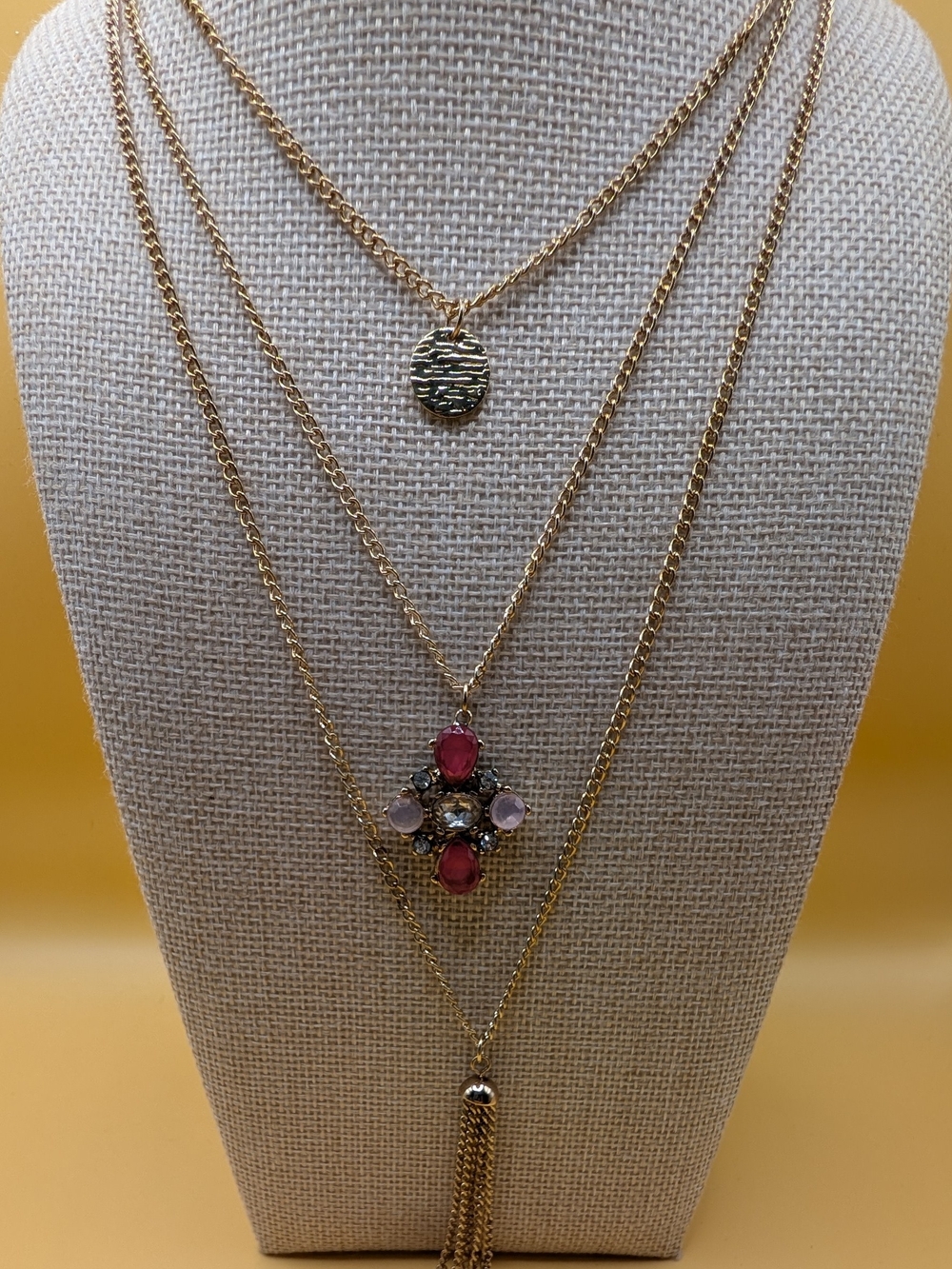 Layered Gold-Tone Multi Pendant Fashion Necklace with Pink Accents